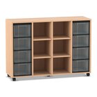 Flexeo Regal, Buche hell, 4 Reihen, 8 gro�e Boxen transparent, 6 F�cher mittig, HxBxT: 92,3 x 130,7 x 40,8 cm, Rollen