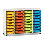 Flexeo Regal PRO, HxBxT: 99.1 x 143.9 x 48 cm, mit 4 Reihen und 32 kleinen Boxen Dekor wei�, Sockel, Boxen orange gelb gr�n hellblau