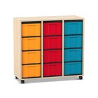 Flexeo� Regal Ahorn honig, 3 Reihen, 12 gro�e Boxen bunt, Rollen