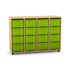 Flexeo Regal mit 4 Reihen, Dekor Buche hell, Sockel, 16 hohe Schubladen gr�n, HxBxT: 92,3 x 130,7 x 40,8 cm