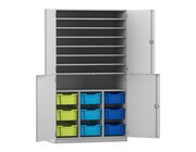 Flexeo Bastelschrank, Dekor grau, HxBxT: 190x108,1x60 cm, 4 Halbt�ren, 9 gro�e Boxen bunt B, Schloss