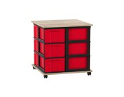 Flexeo� Fahrbares Containersystem Ahorn honig mit Ablage, 12 gro�e Boxen rot