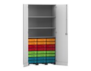 Flexeo Garagenschrank mit 3 Rollcontainer, Dekor grau, HxBxT: 190 x 94,4 x 60 cm, 24 kleine Boxen bunt, Schloss