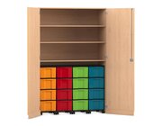 Flexeo� Garagenschrank, Buche hell, HxBxT: 190 x 126,4 x 60 cm, 16 gro�e Boxen bunt, Bogengriff mit Schloss