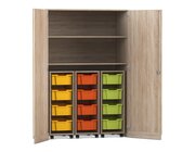 Flexeo� Garagenschrank PRO, Eiche natur, HxBxT: 190 x 126,4 x 60 cm, 3 Rollcontainer, 12 Boxen bunt A, Dreholive