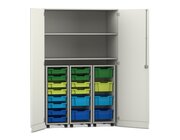 Flexeo Garagenschrank, Dekor wei�, HxBxT: 190x126,4x60 cm, 3 Rollcontainer mit Boxen bunt B, Dreholive
