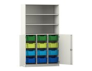 Flexeo Halbt�renschrank wei� 190 x 108,1 x 50 cm, 12 gro�en Boxen, bunt B, Bogengriff mit Schloss