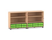 Flexeo Klappwagen Fahrbibliothek, Buche hell, H�he 92,3 cm, 12 kleine Boxen gr�n
