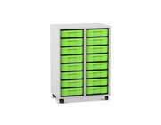 Flexeo� Materialregal grau, HxBxT: 92,3x66,5x40,8 cm, 2 Reihen, 16 kleine Boxen, Boxenfarbe gr�n, Rollen