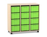 Flexeo Regal, Ahorn honig, HxBxT: 92,3 x 98,6 x 40,8 cm, 3 Reihen, 12 gro�e Boxen gr�n, Rollen