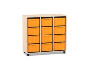 Flexeo� Regal Ahorn honig, HxBxT: 92,3 x 98,6 x 40,8 cm, 3 Reihen, 12 gro�e Boxen gelb, Rollen