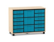 Flexeo� Regal mit 12 kleinen und 3 gro�en Boxen in blau, Ahorn honig, Rollen