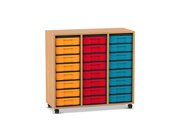 Flexeo Regal, Buche dunkel, 3 Reihen, 24 kleine Boxen bunt, Rollen, H�he 92,3 cm