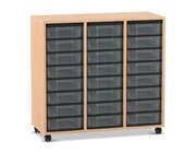 Flexeo Regal, Buche hell, 3 Reihen, 24 kleine Boxen transparent, Rollen, HxBxT: 92,3x98,6x40,8 cm