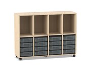 Flexeo Regal, Ahorn honig, 4 Reihen, 4 F�cher, 16 kleine Boxen transparent, Rollen