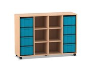 Flexeo Regal, Buche hell, 4 Reihen, 8 gro�e Boxen in blau, 6 F�cher mittig, HxBxT: 92,3 x 130,7 x 40,8 cm, Rollen