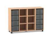 Flexeo Regal, Buche hell, 4 Reihen, 8 gro�e Boxen transparent, 6 F�cher mittig, HxBxT: 92,3 x 130,7 x 40,8 cm, Rollen