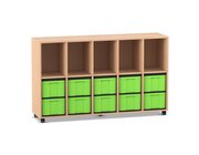 Flexeo Regal, Buche hell, 5 Reihen, 5 F�cher, 10 gro�e Boxen gr�n, mit Rollen