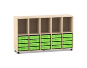 Flexeo Regal, Ahorn honig, HxBxT: 98 x 162,8 x 40,8 cm, 5 Reihen, 5 F�cher, 20 kleine Boxen gr�n, Rollen