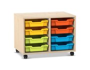 Flexeo Regal PRO, Ahorn honig, HxBxT: 54,3 x 73,1 x 48 cm, 2 Reihen, 8 kleine Boxen bunt A, Rollen