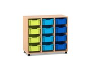 Flexeo Regal PRO, Buche hell, HxBxT: 99,1 x 108,5 x 48 cm, 3 Reihen, 12 gro�e Boxen bunt B, Sockel