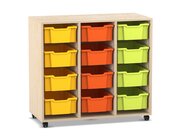 Flexeo Regal PRO, 3 Reihen, 12 gro�e Boxen bunt A, Sockel, Ahorn honig