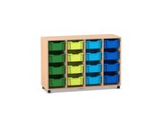 Flexeo Regal PRO, Buche hell, 4 Reihen, 16 gro�e Boxen bunt B, Rollen, 143,9x99,1x48 cm