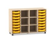 Flexeo� Regal PRO Ahorn honig, 99,1 x 143,9 x 48 cm, 4 Reihen, 6 F�cher, 16 Boxen gelb, Rollen