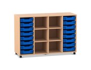 Flexeo Regal PRO, Buche hell, HxBxT: 99,1x143,9x48 cm, 4 Reihen, 16 kleine Boxen dunkelblau, Rollen