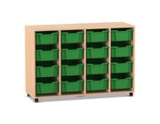 Flexeo Regal PRO, Buche hell, 4 Reihen, 16 gro�e Boxen gr�n, Rollen, 143,9x99,1x48 cm