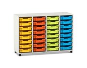 Flexeo Regal PRO, HxBxT: 99.1 x 143.9 x 48 cm, mit 4 Reihen und 32 kleinen Boxen Dekor wei�, Sockel, Boxen orange gelb gr�n hellblau