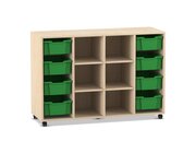 Flexeo Regal PRO, Ahorn honig, 4 Reihen, BxHxT: 143,9x99,1x48 cm, 8 gro�e Boxen dunkelgr�n, Rollen