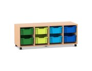 Flexeo Regal PRO, Eiche natur, HxBxT: 54.3x143.9x48 cm, 4 Reihen, 8 gro�e Boxen bunt B, Rollen