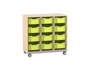 Flexeo Regal Pro mit Stahlrahmen, Dekor Ahorn honig, HxBxT: 104,1 x 108,5 x 48 cm, 3 Reihen, 12 Boxen gr�n, Rollen