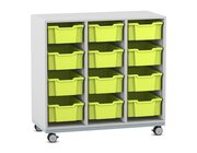 Flexeo Regal Pro mit Stahlrahmen, Dekor grau, HxBxT: 104,1 x 108,5 x 48 cm, 3 Reihen, 12 Boxen gr�n, Rollen