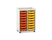 Flexeo Regal PRO, Dekor wei�, 2 Reihen, 16 kleine Boxen gelb/orange, Aufkantung, HXBXT: 105,6 x73 x 48 cm, Rollen