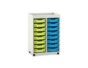 Flexeo Regal PRO, 2 Reihen, Dekor wei�, 16 kleine Boxen gr�n/blau, Aufkantung, HxBxT: 105,6 x 73 x 48 cm, Rollen