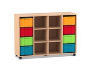 Flexeo Regal, Buche hell, 4 Reihen, 8 gro�e Boxen bunt, 6 F�cher mittig, HxBxT: 92,3 x 130,7 x 40,8 cm, Rollen