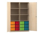 Flexeo Hochschrank mit 6 F�chern, Ahorn honig, HxBxT: 190x126,4x60 cm, 12 gro�en Boxen bunt, Bogengriff mit Schloss