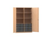 Flexeo Hochschrank mit Dreht�ren, Buche Hell, HxBxT: 190x126,5x50 cm, 12 gro�e Boxen transparent, Dreholive