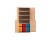 Flexeo Halbt�renschrank Buche Hell, 4 Halbt�ren, 4 Fachb�den, Tiefe 60 cm, 9 gro�e Boxen transparent