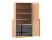 Flexeo Halbt�renschrank Buche Hell, 4 Halbt�ren, 4 Fachb�den, Tiefe 50 cm, 9 gro�e Boxen transparent, Dreholive