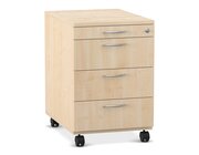 Flexeo Rollcontainer mit 4 Schubladen, Ahorn honig, HxBxT 64,7 x 43,4 x 60,2 cm, Rollen, Bogengriff mit Schloss