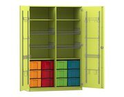 Flexeo Sportschrank, Dekor apfelgr�n, HxBxT: 190 x 126,4 x 60 cm, 4 Gitterk�rbe, 12 gro�e Boxen bunt, Bogengriff mit Schloss