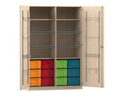 Flexeo Sportschrank, Ahorn honig, HxBxT: 190 x 126,4 x 60 cm, 4 Gitterk�rbe, 12 gro�e Boxen bunt, Bogengriff mit Schloss
