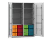 Flexeo Sportschrank, Dekor grau, HxBxT: 190 x 126,4 x 60 cm, 4 Gitterk�rbe, 12 gro�e Boxen bunt, Bogengriff mit Schloss