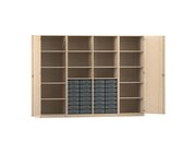 Flexeo Systemschrankwand Mars, Ahorn honig, HxBxT: 190 x 254,6 x 50 cm, 32 kleine Boxen transparent, Bogengriff mit Schloss