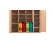 Flexeo Systemschrankwand Mars, Buche hell, HxBxT: 190 x 254,6 x 50 cm, 32 kleine Boxen bunt, Bogengriff mit Schloss