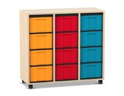 Flexeo� Regal Ahorn honig, 3 Reihen, 12 gro�e Boxen bunt, Rollen