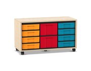 Flexeo� Regal Ahorn honig, 3 Reihen, 2 gro�e Boxen, 8 kleine Boxen, bunt, Rollen